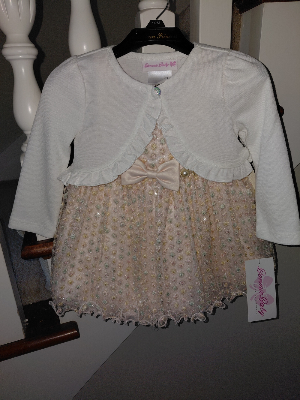 Girls White & Blush Sequin Party Dress with Cardigan